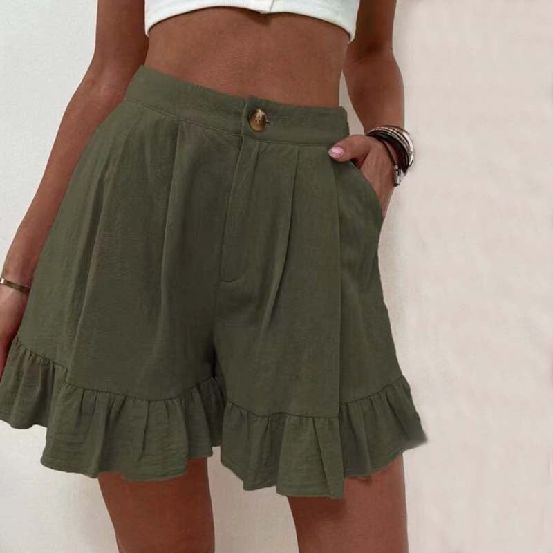 Shorts lisos de algodón y lino con botones