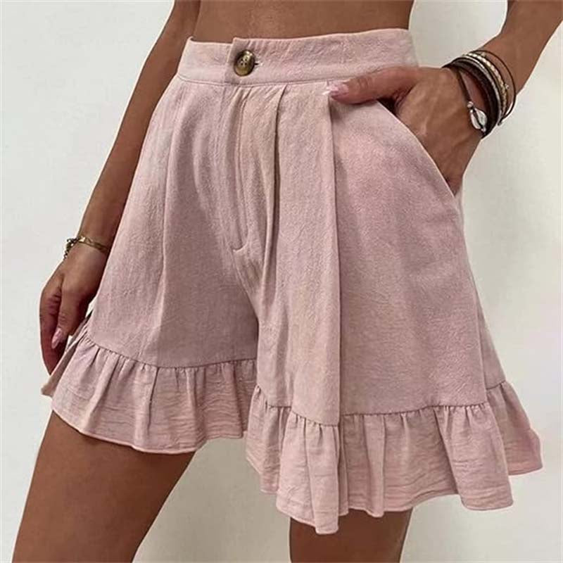 Shorts lisos de algodón y lino con botones