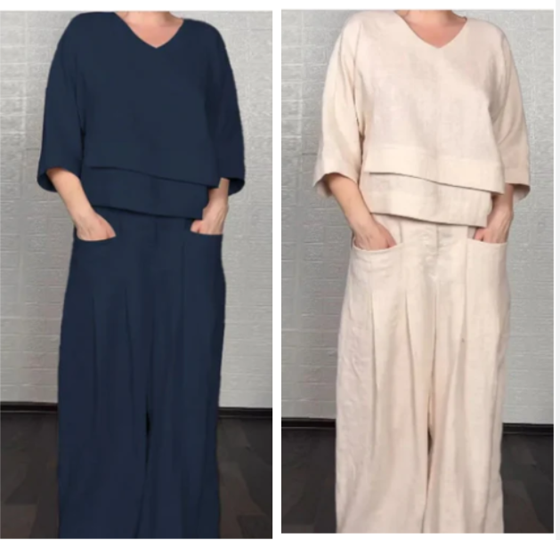 Conjunto 2 piezas de algodón y lino con bajo irregular – Top escote V + Pantalón ancho, transpirable & elegante sin esfuerzo
