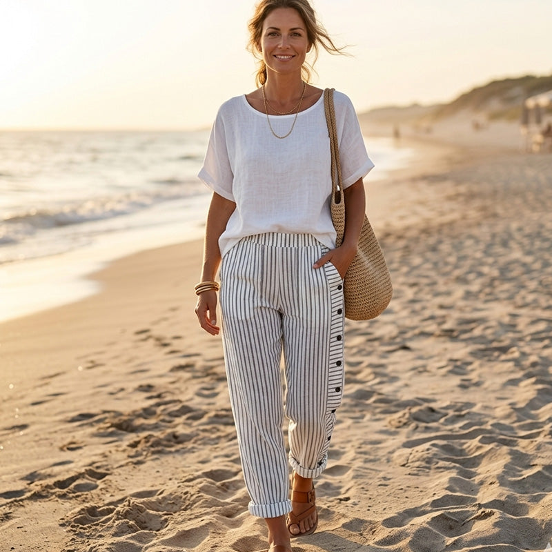 ☀️ Rebajas de Primavera 50% DESCUENTO!! 🌿🌸 Pantalón cómodo de rayas azules con bolsillos laterales