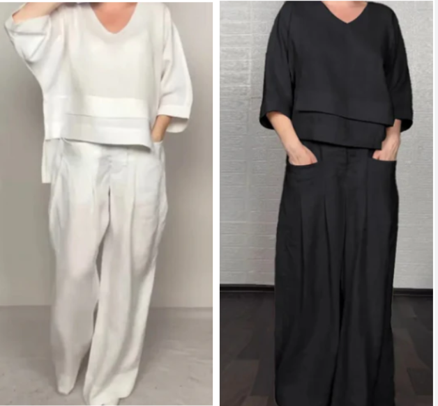 Conjunto 2 piezas de algodón y lino con bajo irregular – Top escote V + Pantalón ancho, transpirable & elegante sin esfuerzo