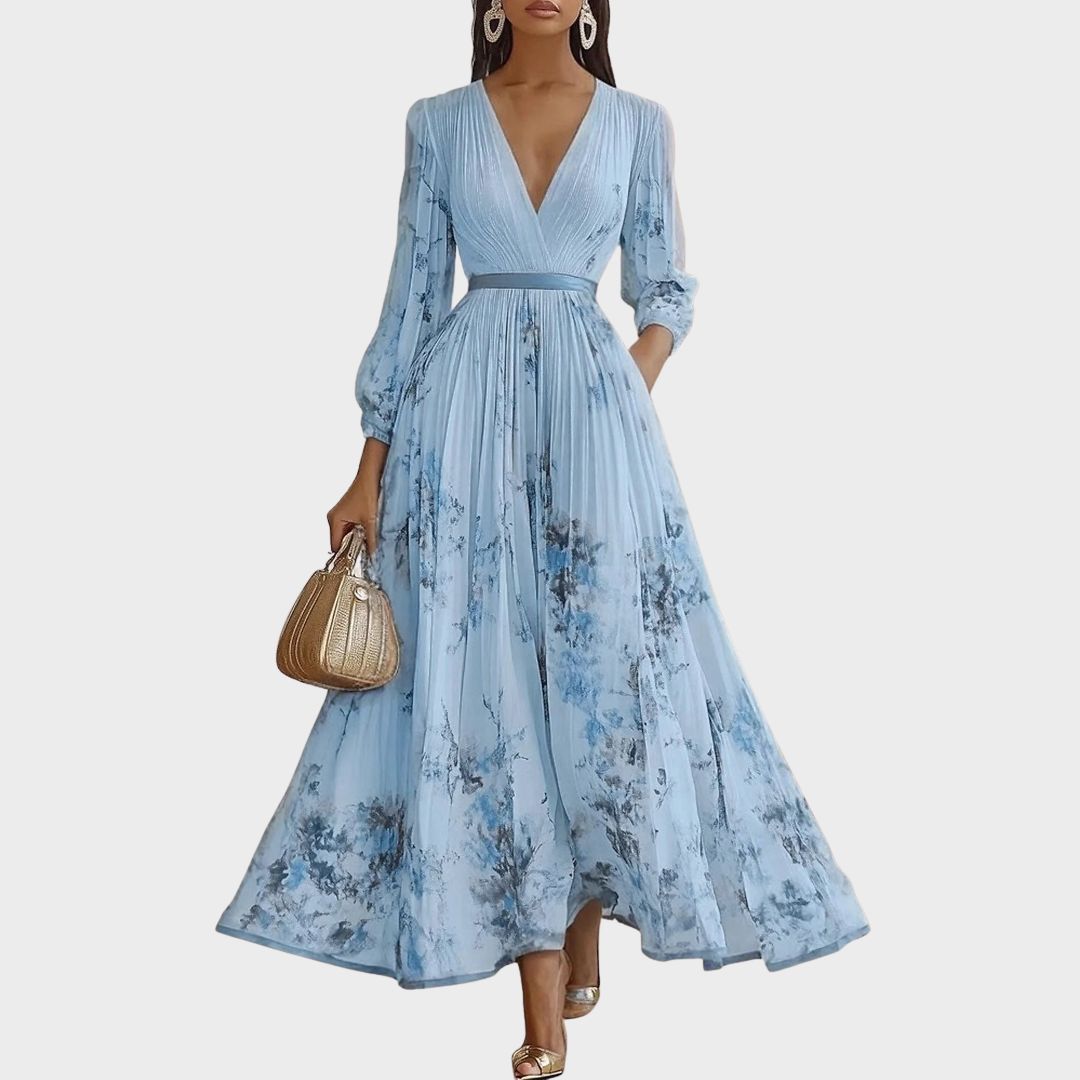 Rosella | Vestido Largo Plisado Floral con Escote en V