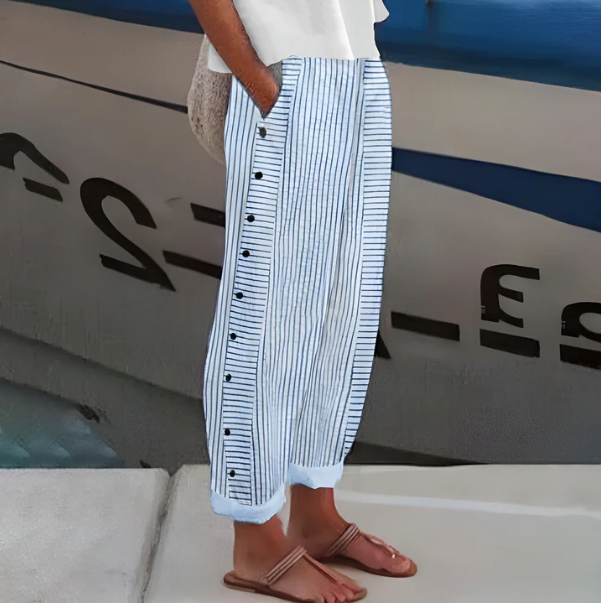 ☀️ Rebajas de Primavera 50% DESCUENTO!! 🌿🌸 Pantalón cómodo de rayas azules con bolsillos laterales