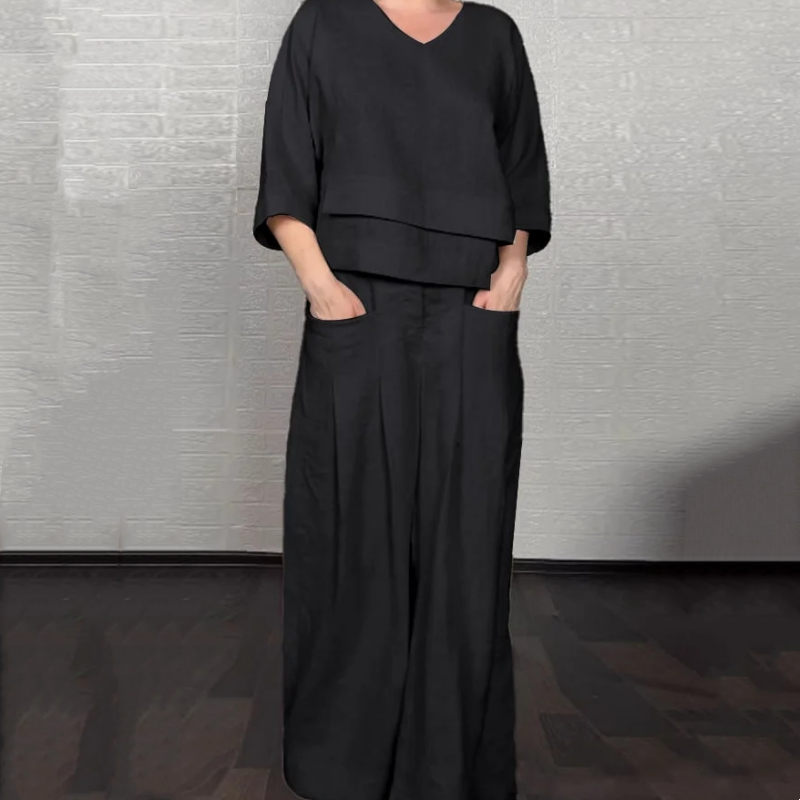 Conjunto 2 piezas de algodón y lino con bajo irregular – Top escote V + Pantalón ancho, transpirable & elegante sin esfuerzo
