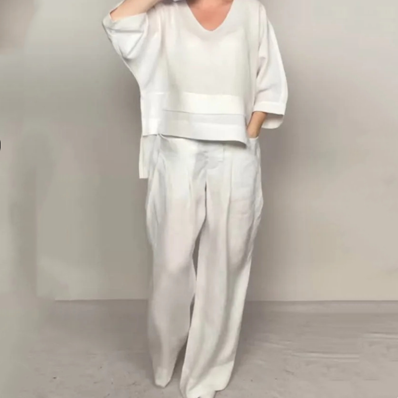 Conjunto 2 piezas de algodón y lino con bajo irregular – Top escote V + Pantalón ancho, transpirable & elegante sin esfuerzo