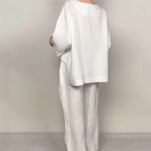 Conjunto 2 piezas de algodón y lino con bajo irregular – Top escote V + Pantalón ancho, transpirable & elegante sin esfuerzo