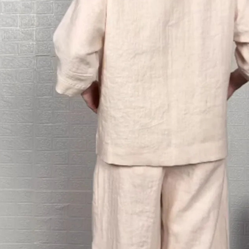 Conjunto 2 piezas de algodón y lino con bajo irregular – Top escote V + Pantalón ancho, transpirable & elegante sin esfuerzo